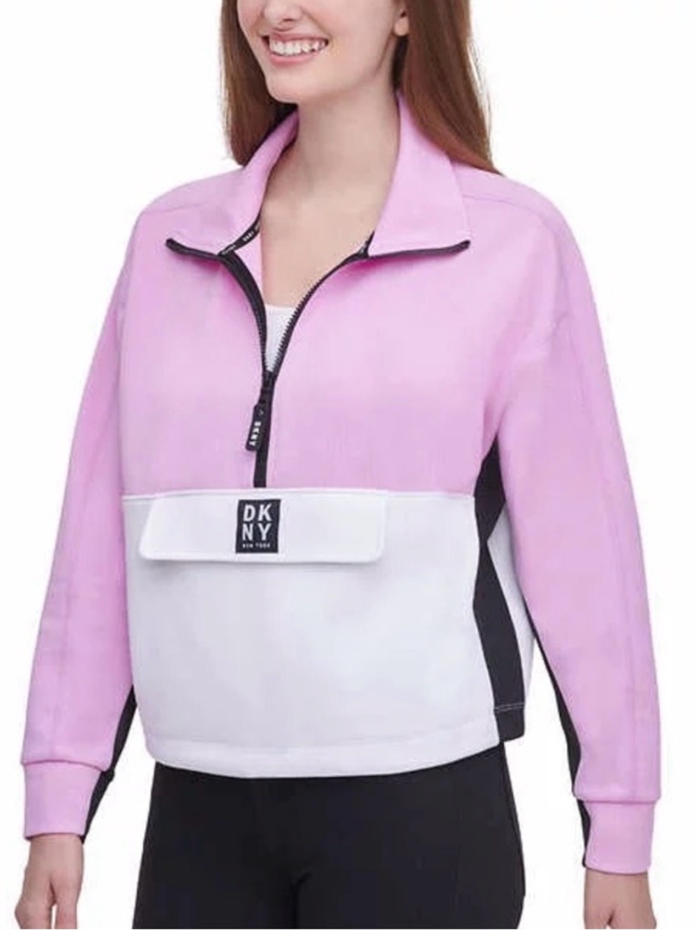 DKNY Pink, White & Black Half-Zip Pullover Hoodie